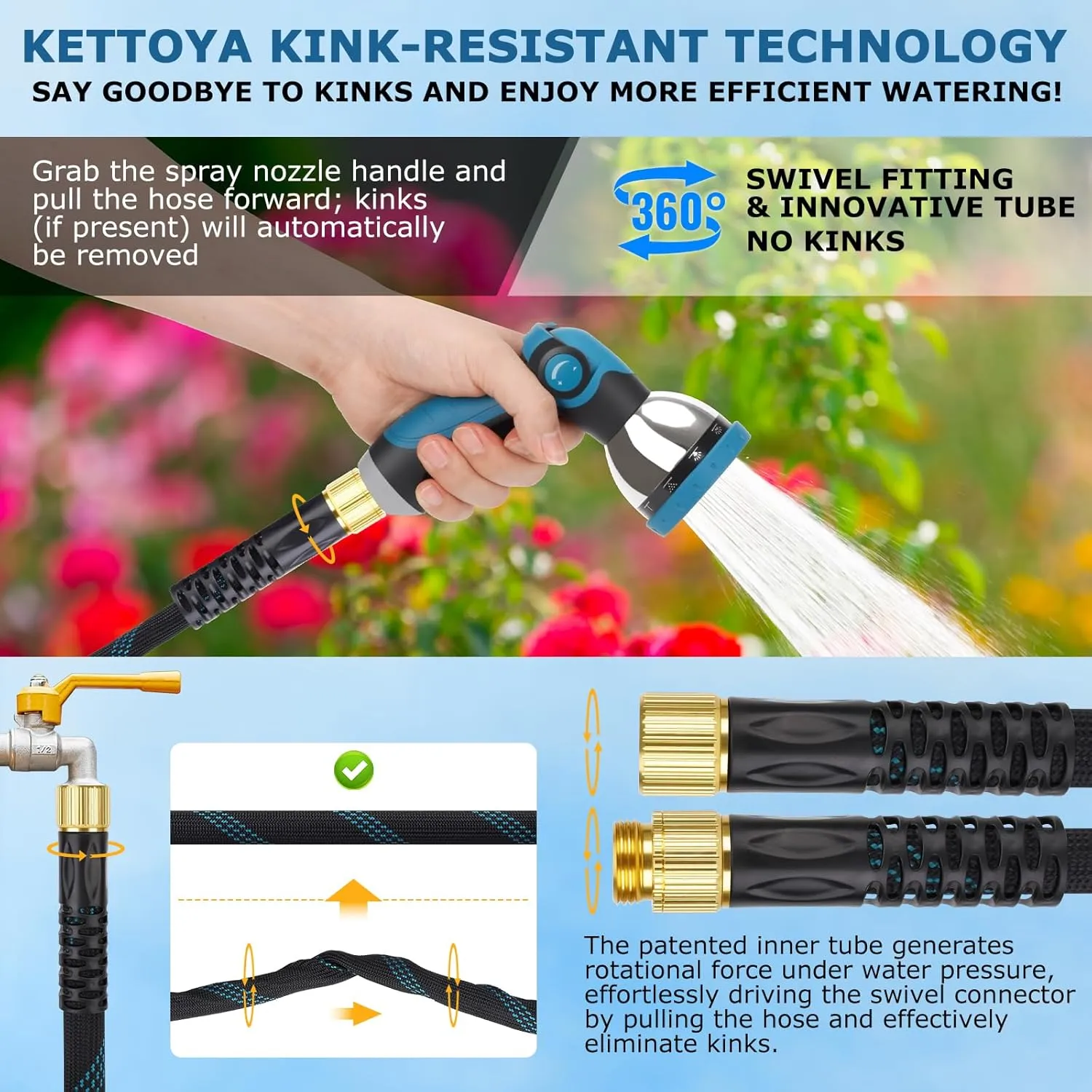 Non-Expanding Garden Hose 50 ft, Kink Free Flexible Water Hose with 10-Pattern Spray Nozzle, Lightweight Hose Pipe, Leak Proof, 3/4" Swivel Connectors, Super Fabric, Portable Storage Strap