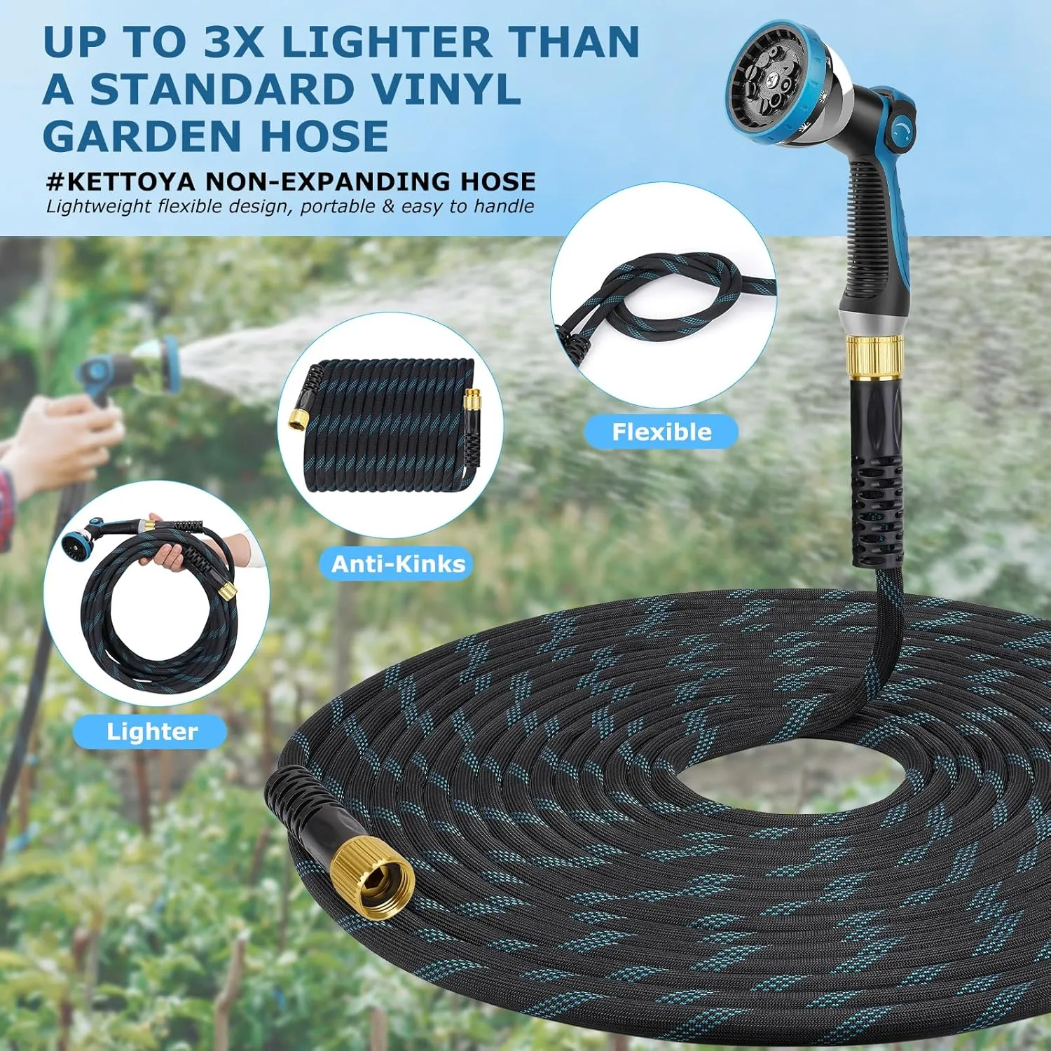 Non-Expanding Garden Hose 50 ft, Kink Free Flexible Water Hose with 10-Pattern Spray Nozzle, Lightweight Hose Pipe, Leak Proof, 3/4" Swivel Connectors, Super Fabric, Portable Storage Strap