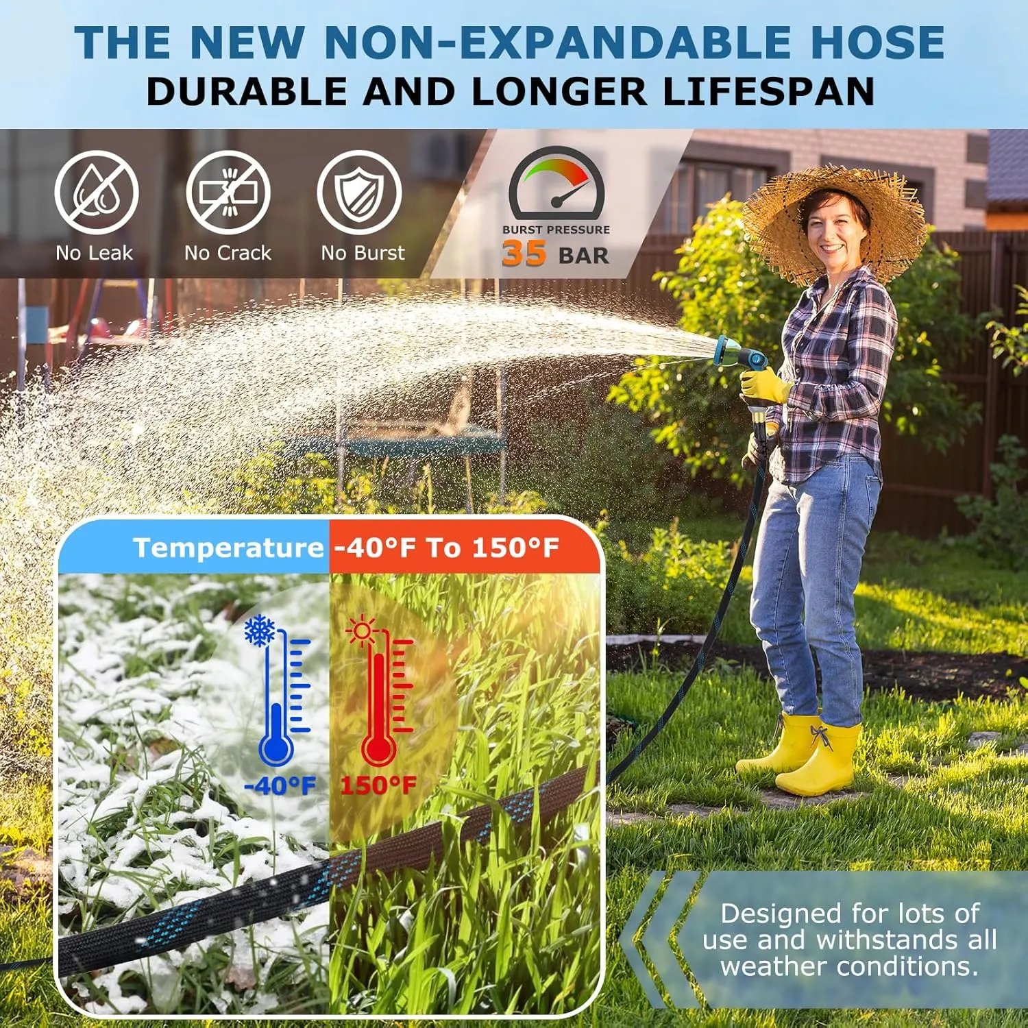 Non-Expanding Garden Hose 50 ft, Kink Free Flexible Water Hose with 10-Pattern Spray Nozzle, Lightweight Hose Pipe, Leak Proof, 3/4" Swivel Connectors, Super Fabric, Portable Storage Strap