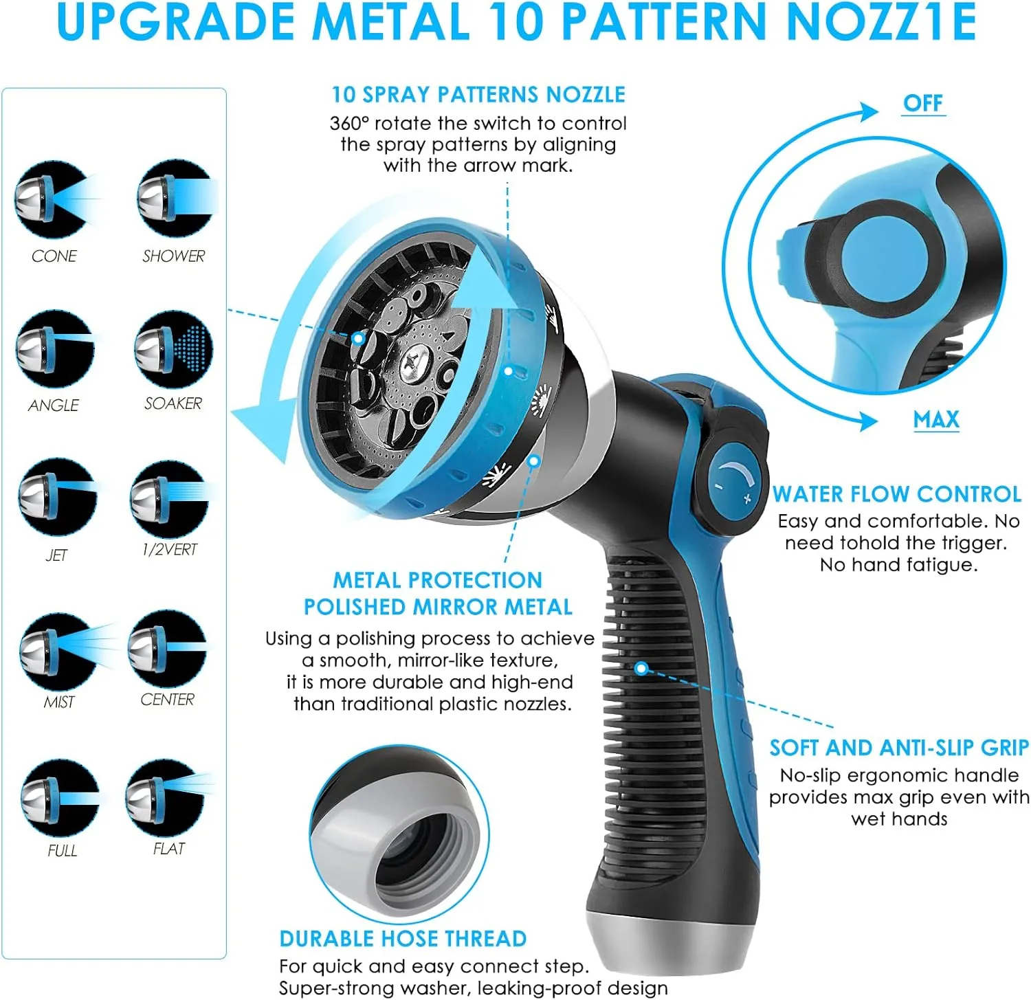 Non-Expanding Garden Hose 50 ft, Kink Free Flexible Water Hose with 10-Pattern Spray Nozzle, Lightweight Hose Pipe, Leak Proof, 3/4" Swivel Connectors, Super Fabric, Portable Storage Strap