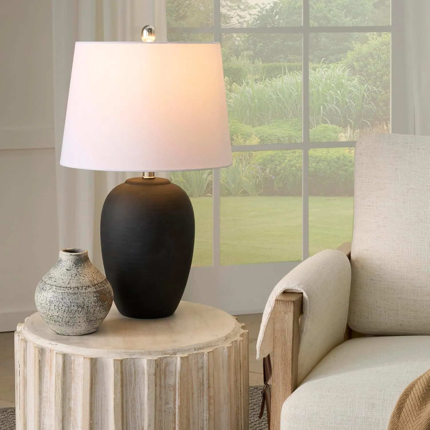Nourison 23" Black Vintage Distressed Ceramic Pot Table Lamp for Bedroom, Living Room, End Table, with White Tapered Drum Shade