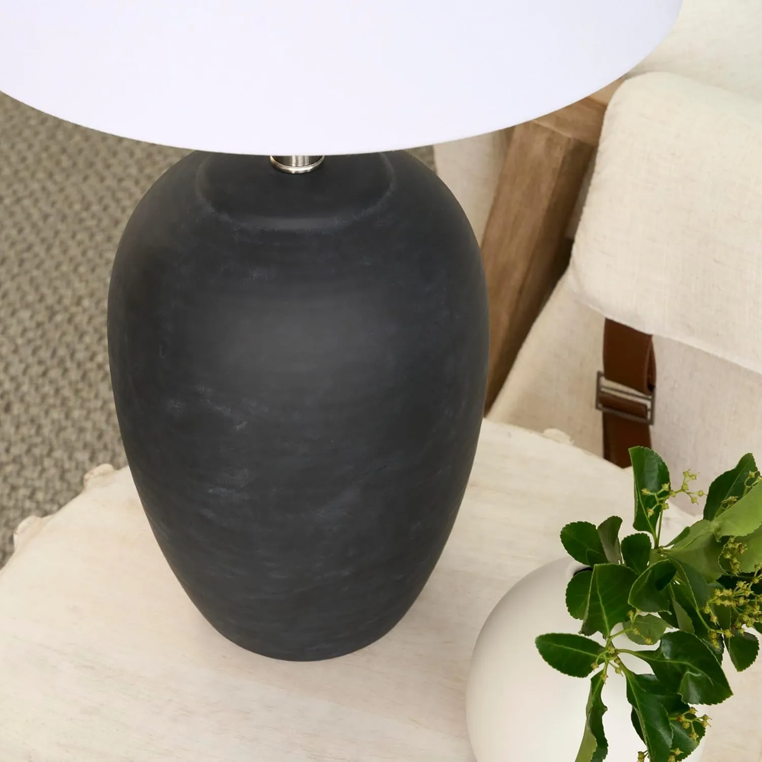 Nourison 23" Black Vintage Distressed Ceramic Pot Table Lamp for Bedroom, Living Room, End Table, with White Tapered Drum Shade