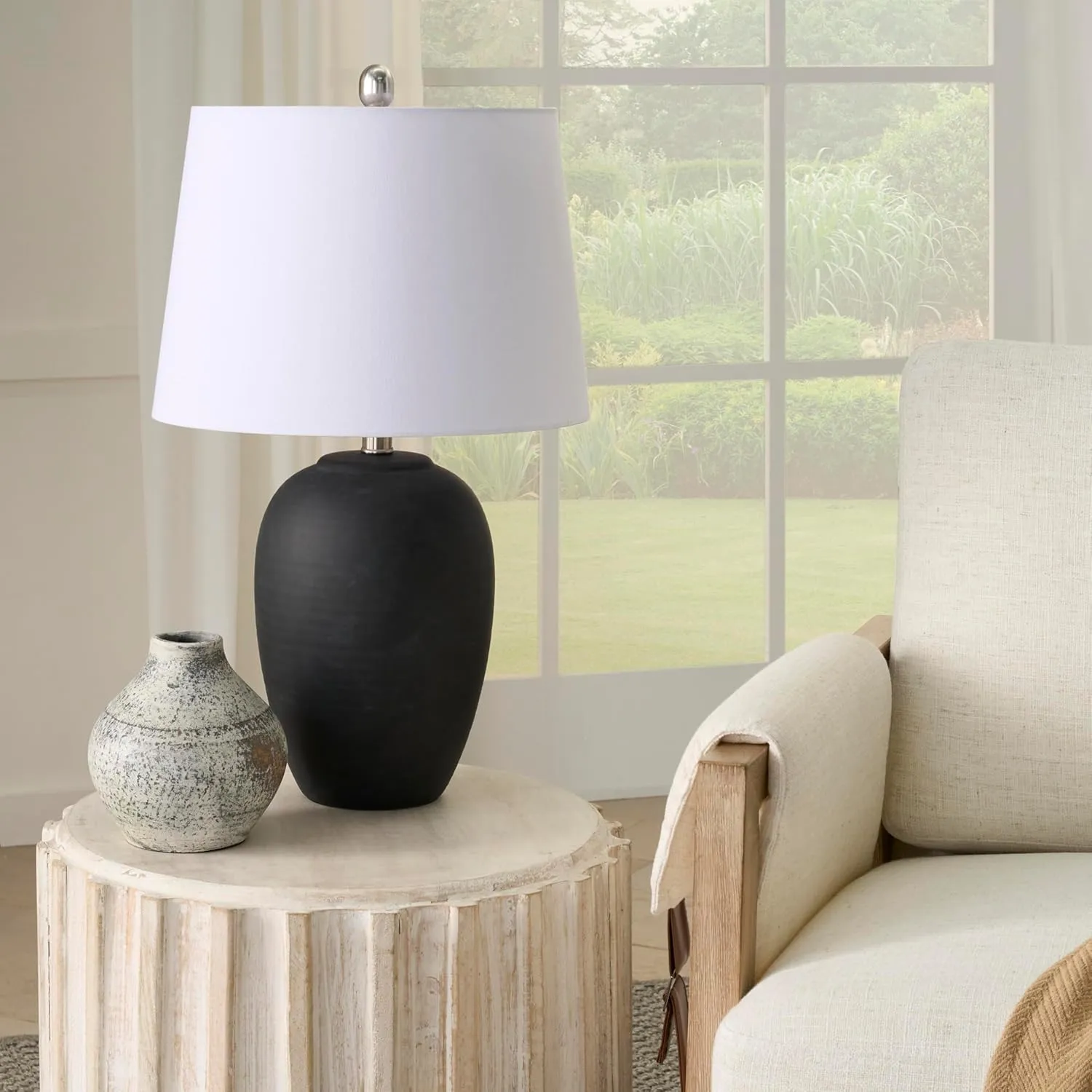 Nourison 23" Black Vintage Distressed Ceramic Pot Table Lamp for Bedroom, Living Room, End Table, with White Tapered Drum Shade