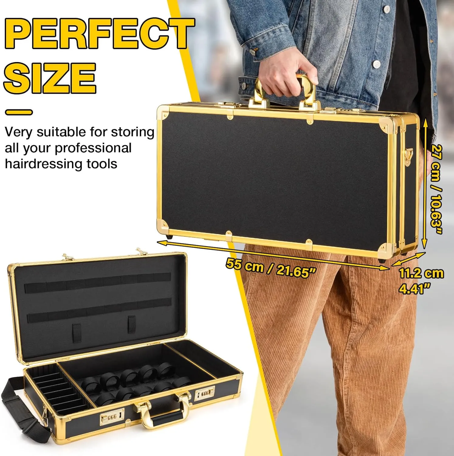 Noverlife Upgraded Large Barber Travel Briefcase, Portable Barber Carrying Suitcase Barber Case with Code Lock, Gold Barber Travel Case Hairdresser Tool Box Barber Storage Organizer Case for Clippers