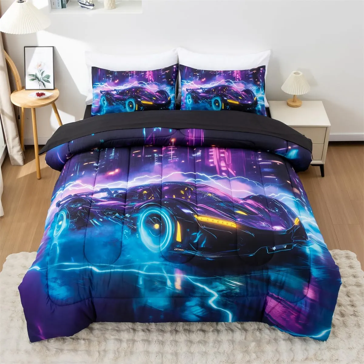 NTBED Sport Race Car Comforter Set Twin 5 Pieces Bed in a Bag for Boys Girls Kids Lightning Racing Car Lightweight Microfiber Bedding Sets