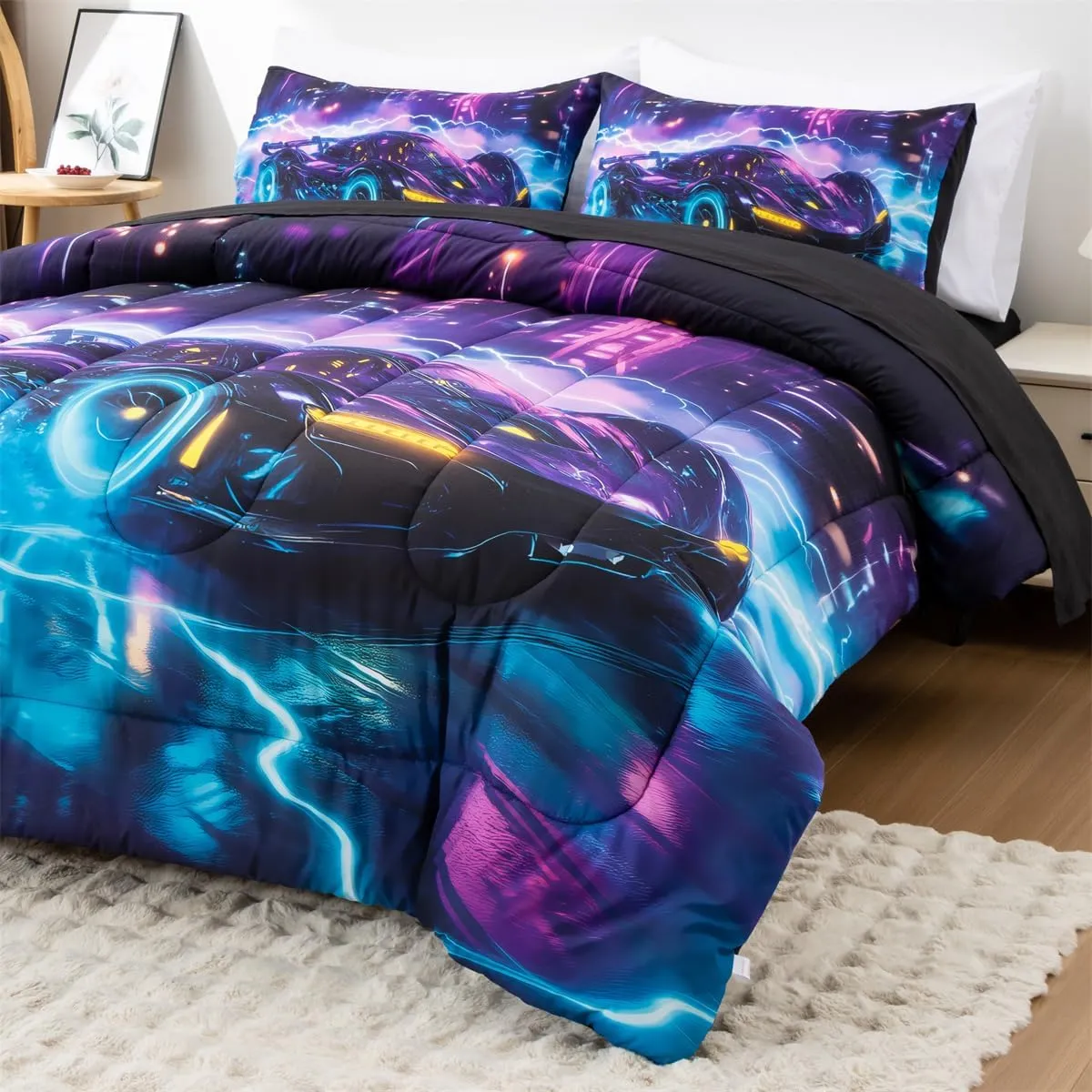 NTBED Sport Race Car Comforter Set Twin 5 Pieces Bed in a Bag for Boys Girls Kids Lightning Racing Car Lightweight Microfiber Bedding Sets