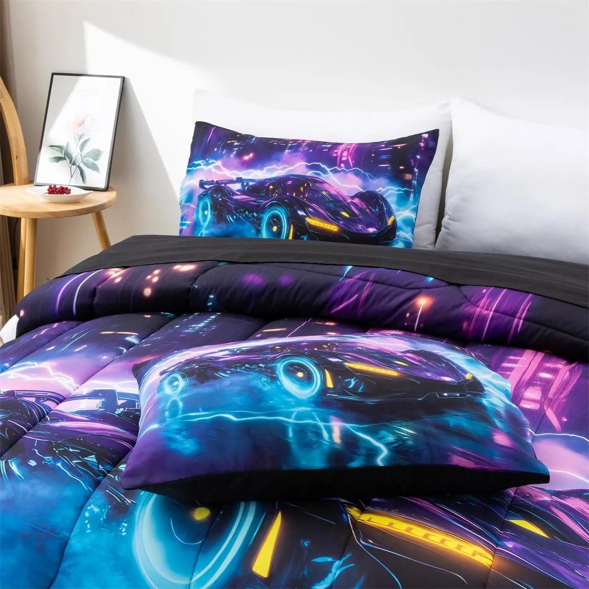 NTBED Sport Race Car Comforter Set Twin 5 Pieces Bed in a Bag for Boys Girls Kids Lightning Racing Car Lightweight Microfiber Bedding Sets
