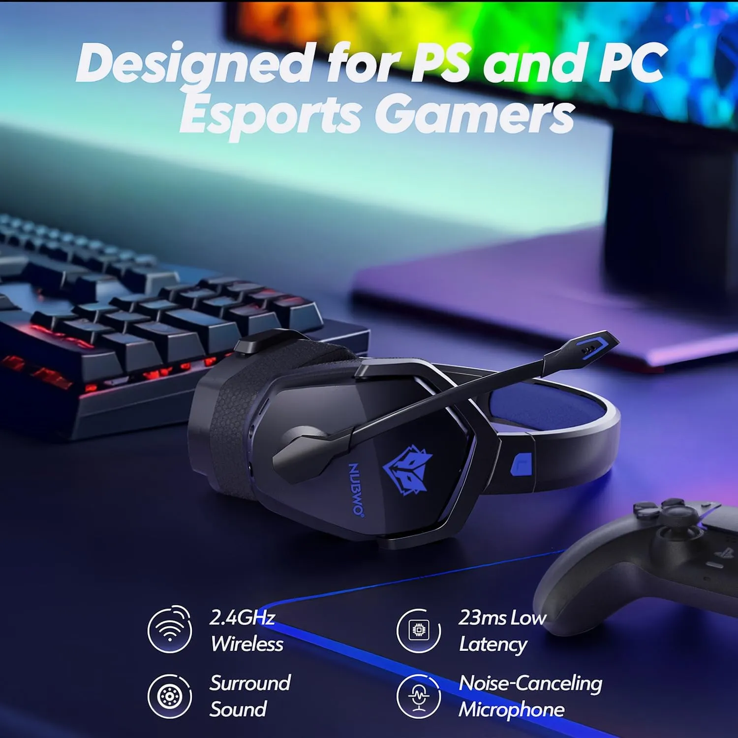 NUBWO G06 Dual Wireless Gaming Headset with Microphone for PS5, PS4, PC - 23ms Low Latency Audio - 100-Hour of Playtime - 50mm Drivers (Black-Blue)