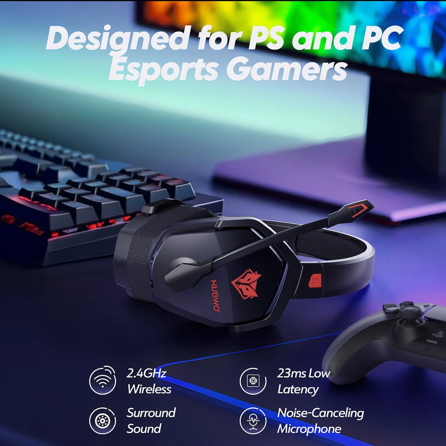 NUBWO G06 Dual Wireless Gaming Headset with Microphone for PS5, PS4, PC - 23ms Low Latency Audio - 100-Hour of Playtime - 50mm Drivers (Black-Red)