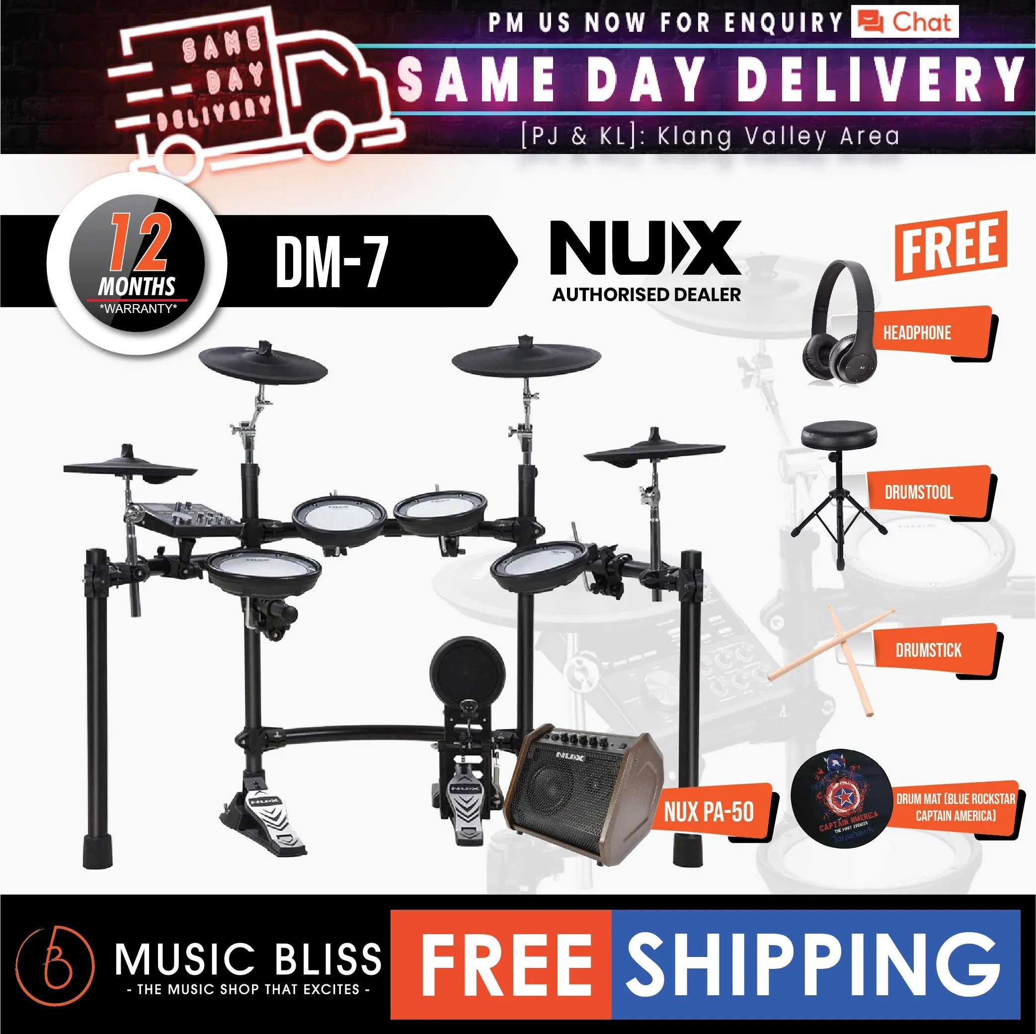 NUX DM-7 5-Piece Digital Electronic Drum Set with FREE Headphone