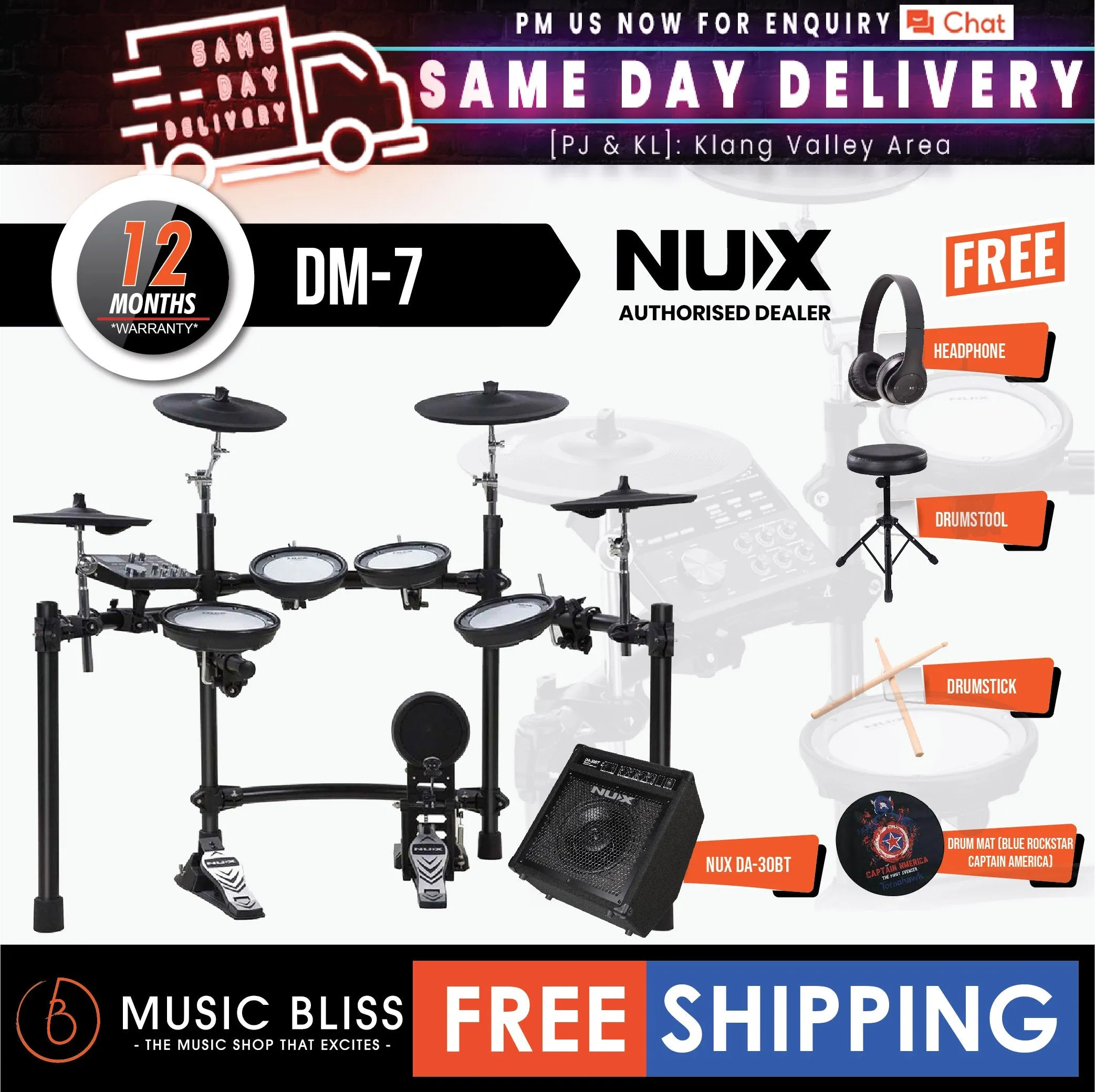 NUX DM-7 5-Piece Digital Electronic Drum Set with FREE Headphone