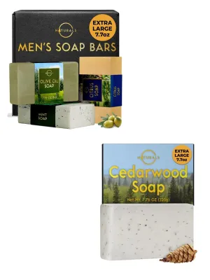 O NATURALS 3pc Refreshing Mens Soap & 1pc Cedarwood Soap Bundle - Organic & Natural Soap for Men & Women, Exfoliating Soap Bar - Citrus,Olive&Mint 3-Pcs Mens Soap Body Soap Bars - Men Soap