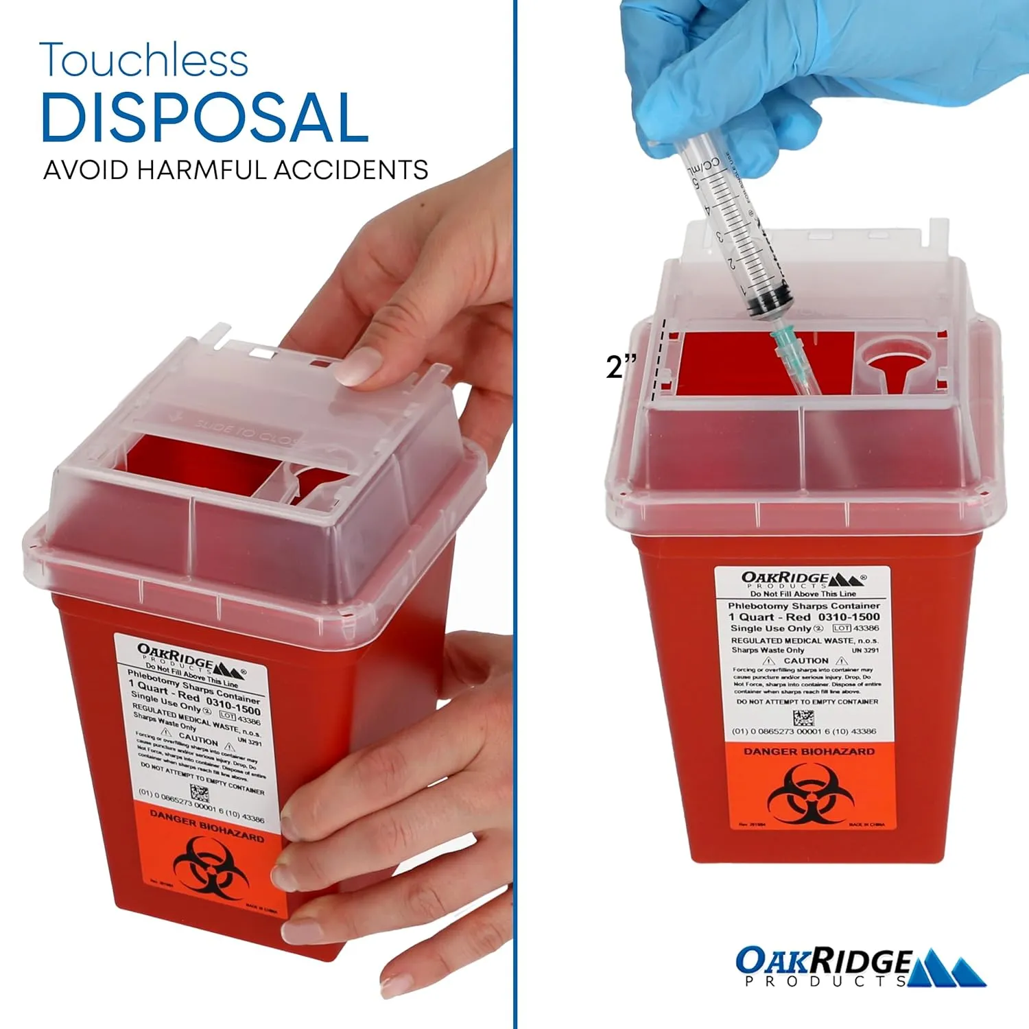 Oakridge Products Sharps Container for Home Use and Professional 1 Quart (3-Pack), Biohazard Needle and Syringe Disposal, Small Portable Container for Travel, CDC Certified