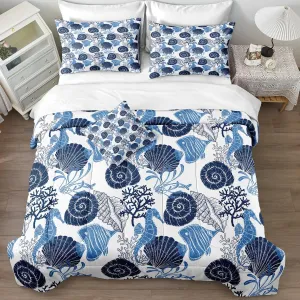 Ocean Theme Queen Size Bed in a Bag Coastal Bedding Set Cartoon Shell Home Decor Ocean Theme Down Comforter Set White Sheet Set with 1 Cushion Cover 8 Pcs
