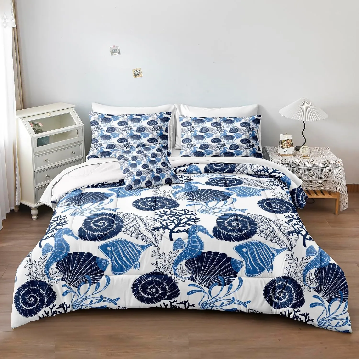 Ocean Theme Queen Size Bed in a Bag Coastal Bedding Set Cartoon Shell Home Decor Ocean Theme Down Comforter Set White Sheet Set with 1 Cushion Cover 8 Pcs