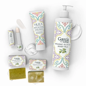Olive Oil Body Essentials Kit by Garcia de la Cruz Extra Virgin Olive Oil Infused Skin Care Gift Set includes Body Milk, Lip Balm, Hand Cream, and 2 Soaps