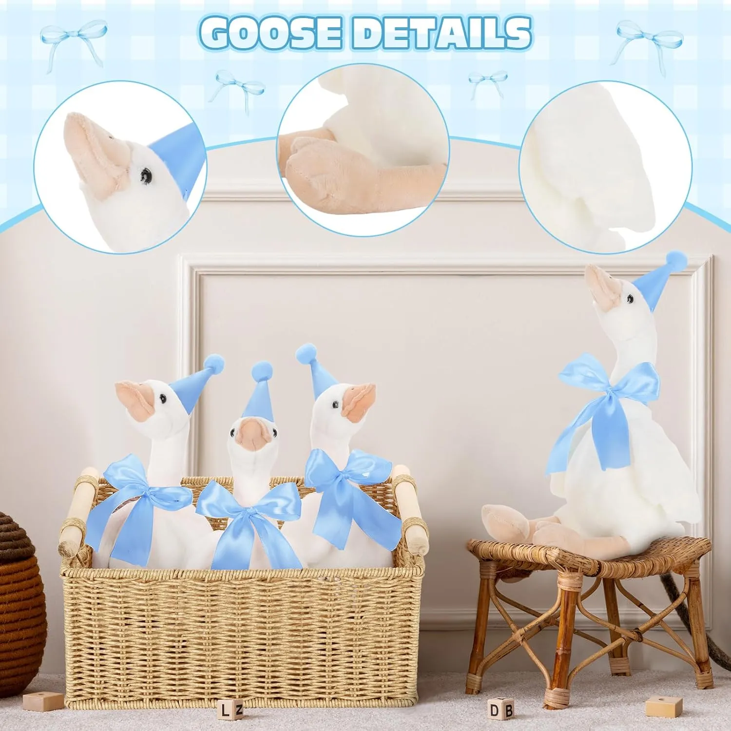 One Silly Goose Birthday Decoration 10 Sets 12 Inch Soft Goose Stuffed Animal Hat Adoption Cards with Wood Table Decor Adopt Birthday Gifts(Blue)