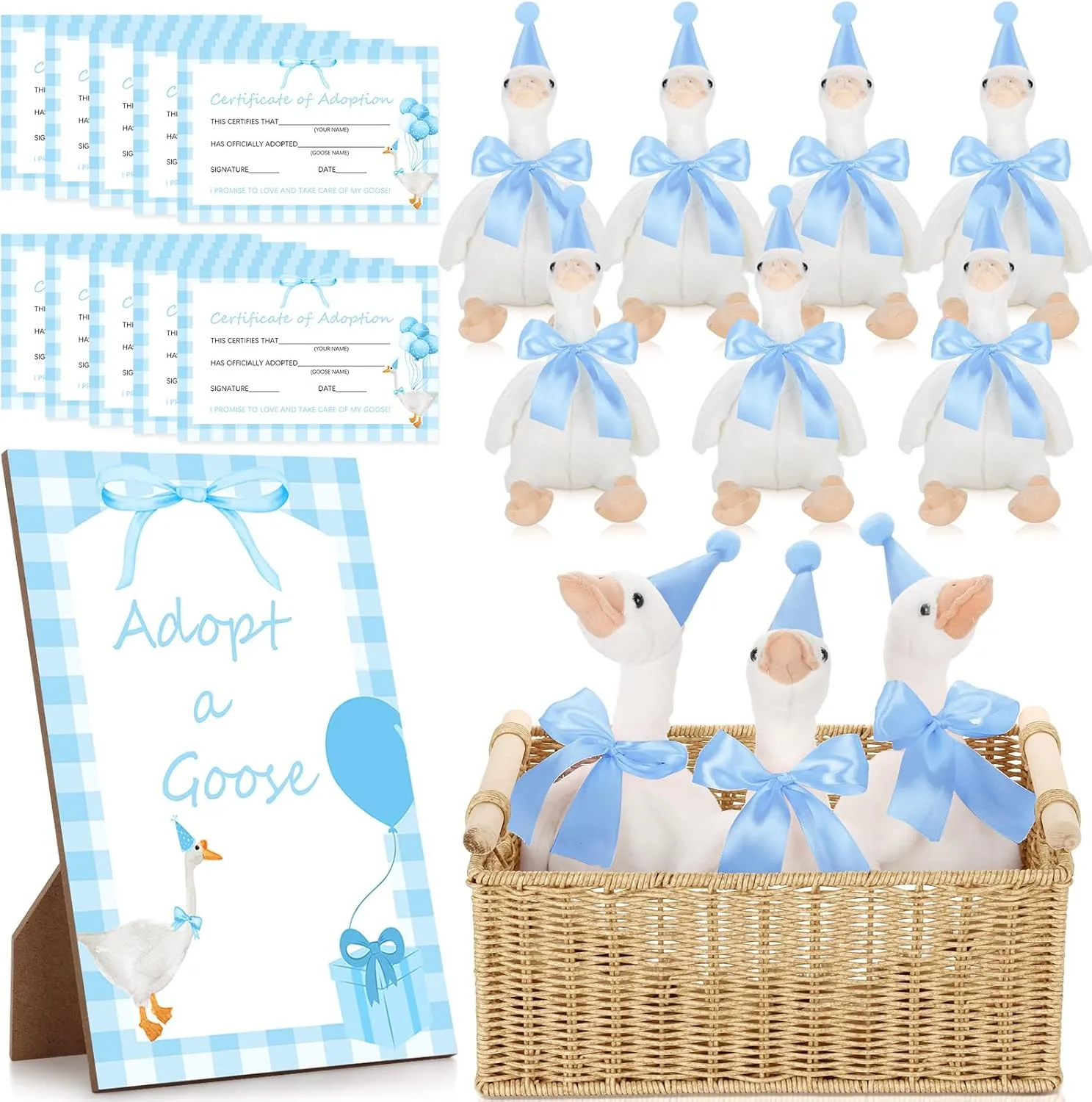 One Silly Goose Birthday Decoration 10 Sets 12 Inch Soft Goose Stuffed Animal Hat Adoption Cards with Wood Table Decor Adopt Birthday Gifts(Blue)