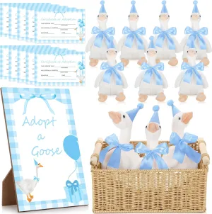 One Silly Goose Birthday Decoration 10 Sets 12 Inch Soft Goose Stuffed Animal Hat Adoption Cards with Wood Table Decor Adopt Birthday Gifts(Blue)