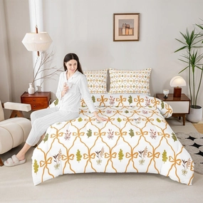 Orange Bow Print Comforter Set Full Size,Fall Leaves Bedding Sets 3Pcs for Kids Girls Boys Women Room Decor,Orange Bowknot Grid Quilted Duvet Rustic Farmhouse Style Down Comforter,2 Pillowcases
