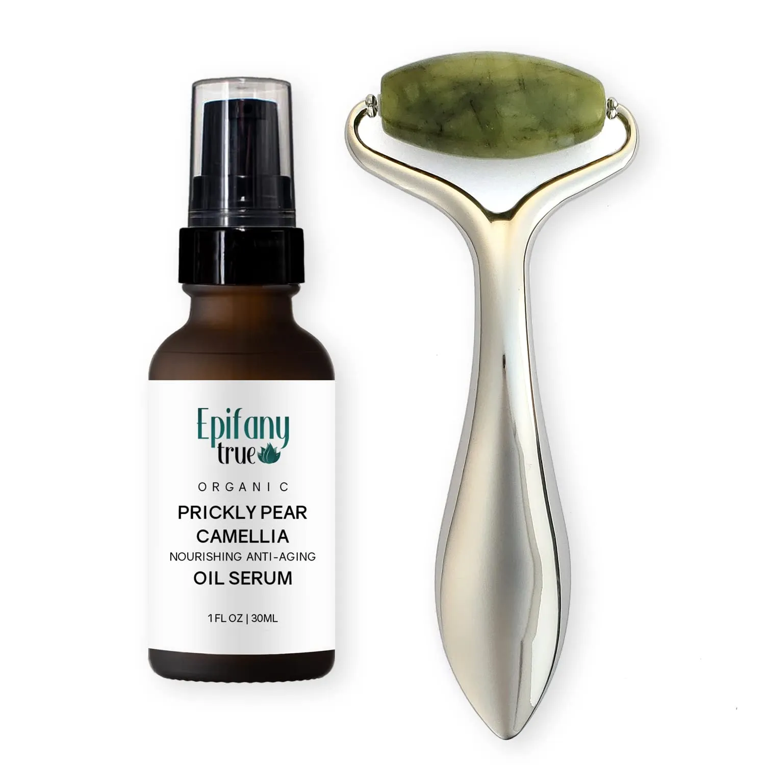 Organic Prickly Pear & Camellia Face Oil Serum 30mL and Natural Jade Face Roller Gift Set | Vitamin E Rich | Intensely Moisturizing for Dry Skin | Men & Women
