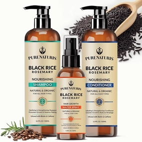 Organic Rosemary Black Rice Water Shampoo Conditioner Set for Hair Growth, Rice Water Spray, w/Rosemary Water, Biotin, Caffeine, Routine Shampoo for Women Men Hair Loss Thickening, Longer