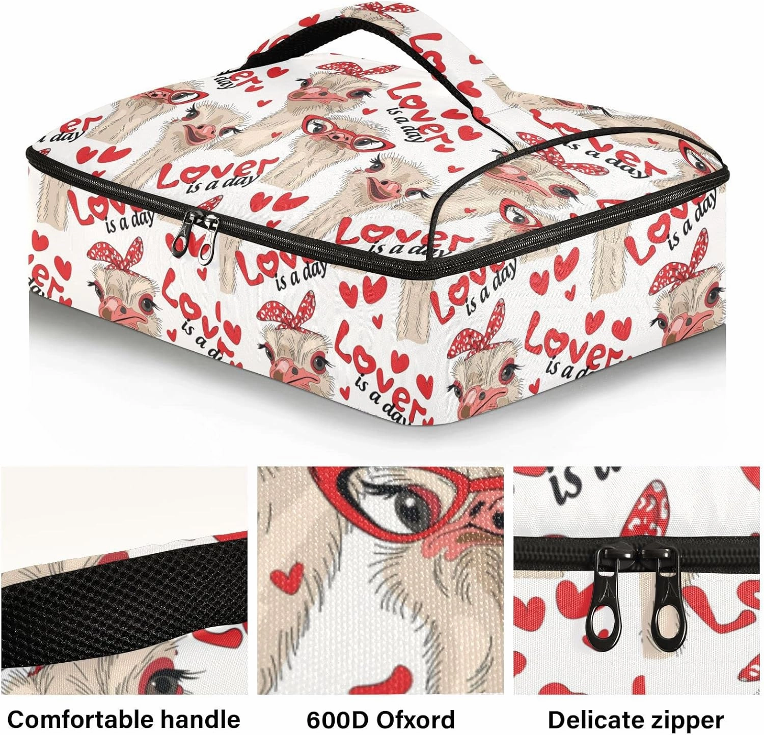 Ostriches with Red Glasses Hairpins Lover is a Day Letterings Insulated Casserole Dish Carrier Bag 9x13 with Lid, Warmer Portable Tote for Hot or Cold Food Picnic Party Potluck Beach