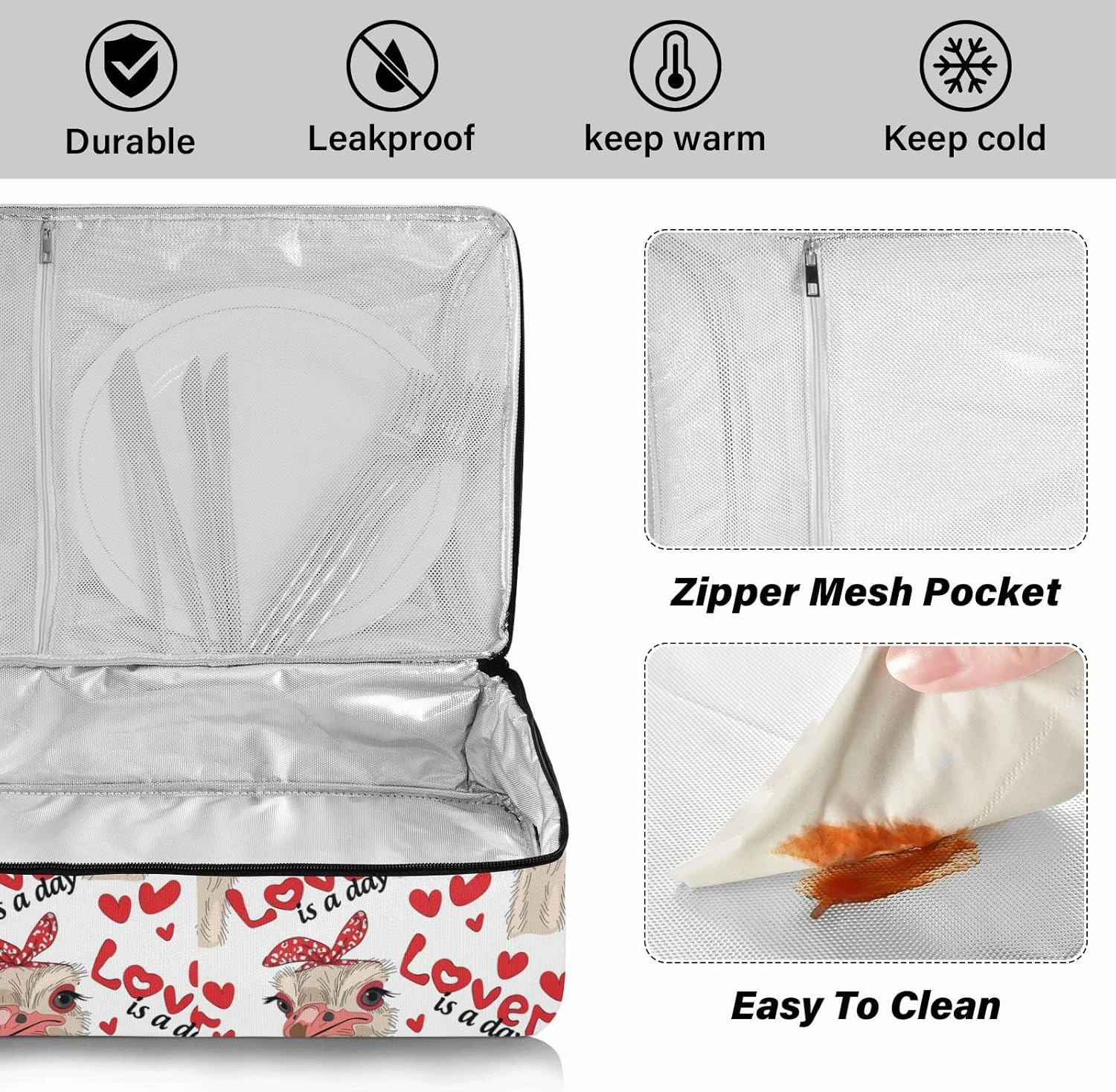 Ostriches with Red Glasses Hairpins Lover is a Day Letterings Insulated Casserole Dish Carrier Bag 9x13 with Lid, Warmer Portable Tote for Hot or Cold Food Picnic Party Potluck Beach