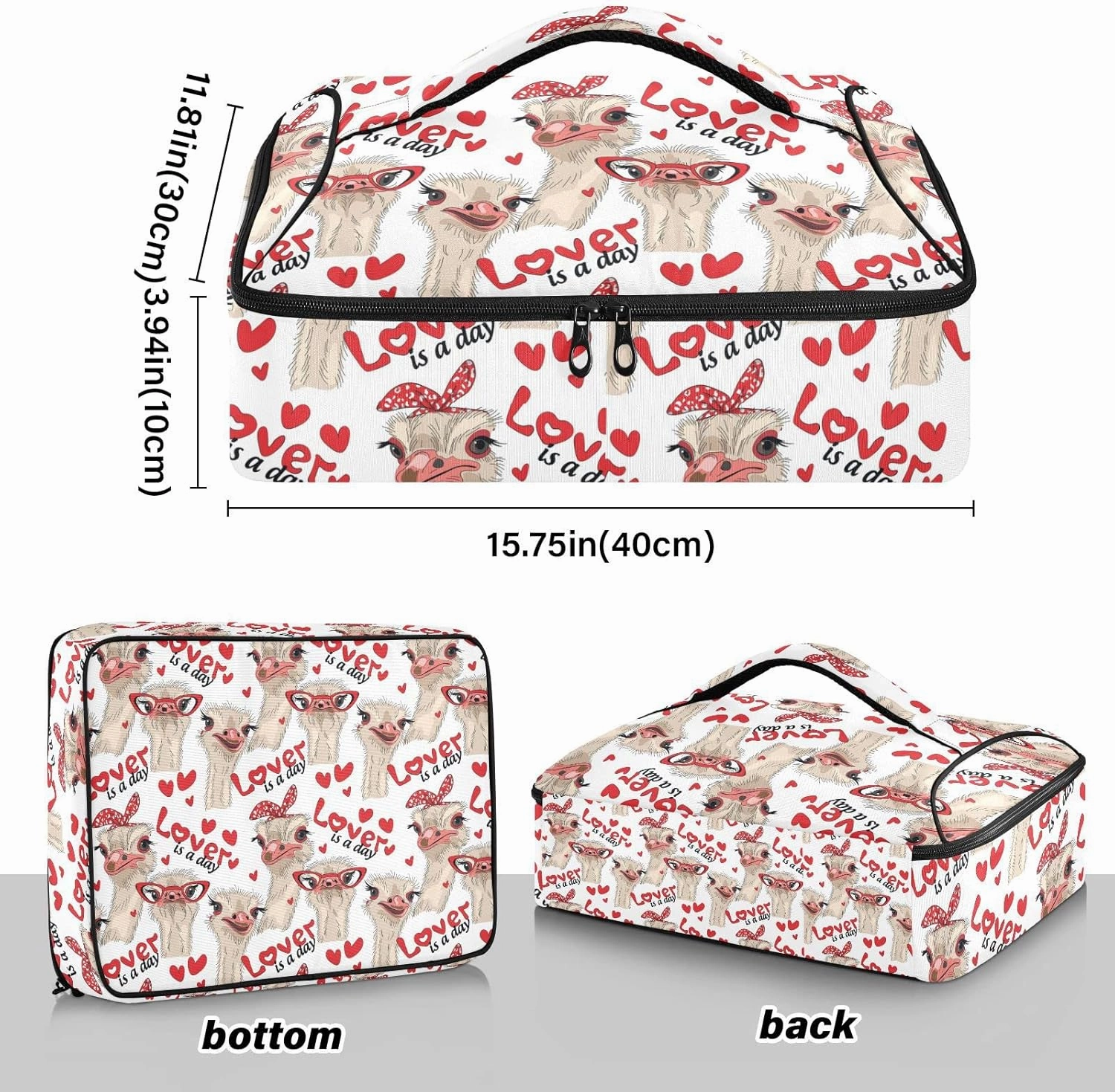 Ostriches with Red Glasses Hairpins Lover is a Day Letterings Insulated Casserole Dish Carrier Bag 9x13 with Lid, Warmer Portable Tote for Hot or Cold Food Picnic Party Potluck Beach