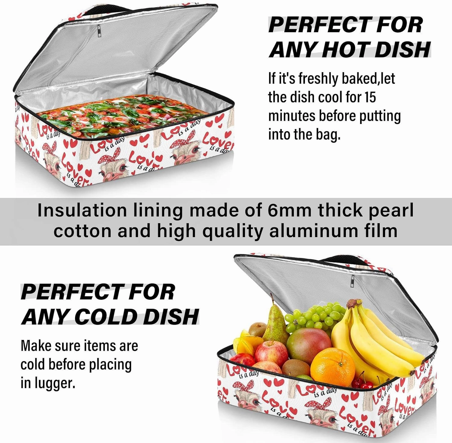 Ostriches with Red Glasses Hairpins Lover is a Day Letterings Insulated Casserole Dish Carrier Bag 9x13 with Lid, Warmer Portable Tote for Hot or Cold Food Picnic Party Potluck Beach