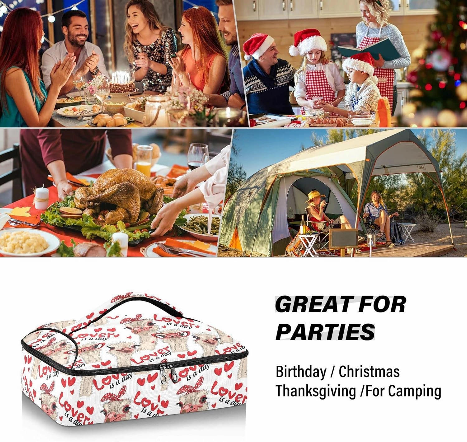 Ostriches with Red Glasses Hairpins Lover is a Day Letterings Insulated Casserole Dish Carrier Bag 9x13 with Lid, Warmer Portable Tote for Hot or Cold Food Picnic Party Potluck Beach