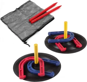 Outdoor Indoor Rubber Horseshoes Set - Win SPORTS Includes 4 Horseshoes,2 Pegs,2 Rubber Mats,2 Red Plastic dowels,Beach Games Perfect for Tailgating,Camping,Backyard,Fun for Kids Adults