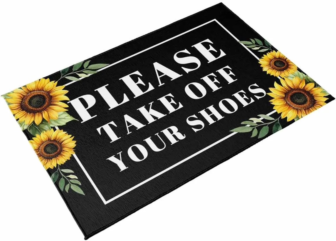 Outdoor Rug 6x9ft Please Take Off Your Shoes Patio Area Rugs Waterproof Easy Cleaning Non Shedding Mats Farm Sunflowers on Black Carpet for Indoor Outdoor Porch Deck Backyard Balcony
