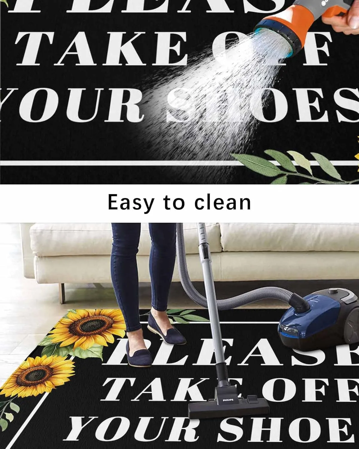 Outdoor Rug 6x9ft Please Take Off Your Shoes Patio Area Rugs Waterproof Easy Cleaning Non Shedding Mats Farm Sunflowers on Black Carpet for Indoor Outdoor Porch Deck Backyard Balcony