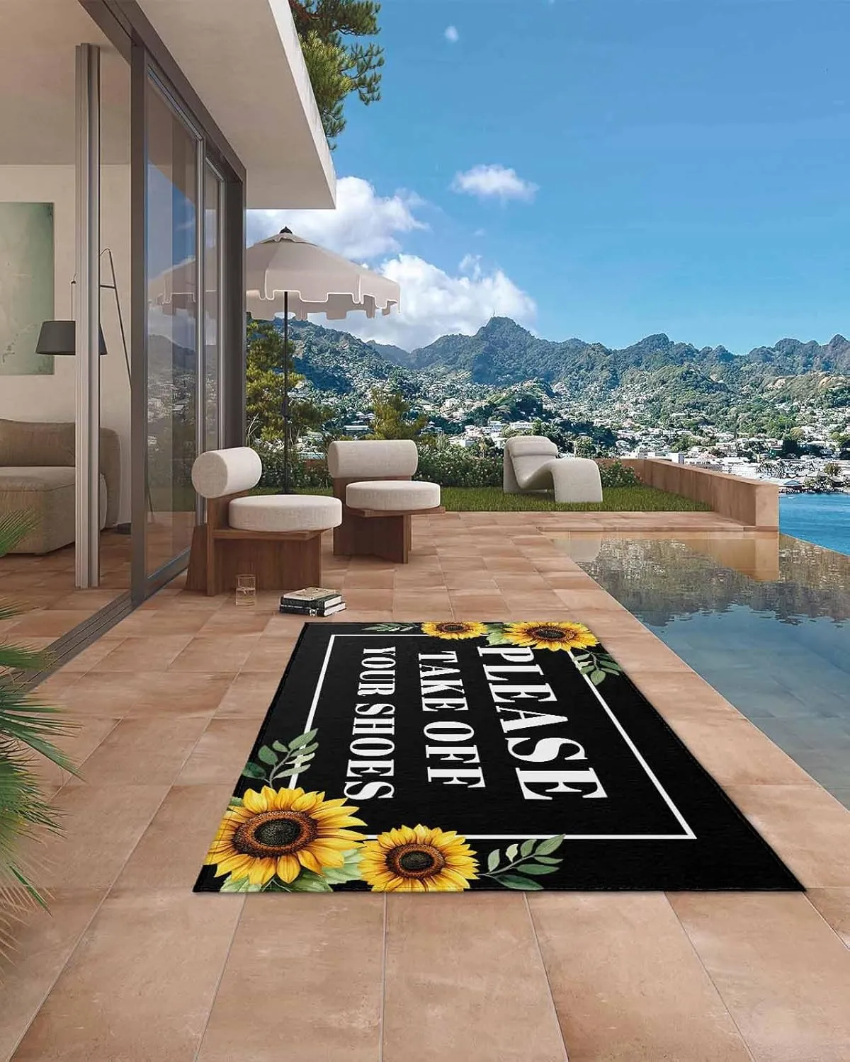 Outdoor Rug 6x9ft Please Take Off Your Shoes Patio Area Rugs Waterproof Easy Cleaning Non Shedding Mats Farm Sunflowers on Black Carpet for Indoor Outdoor Porch Deck Backyard Balcony