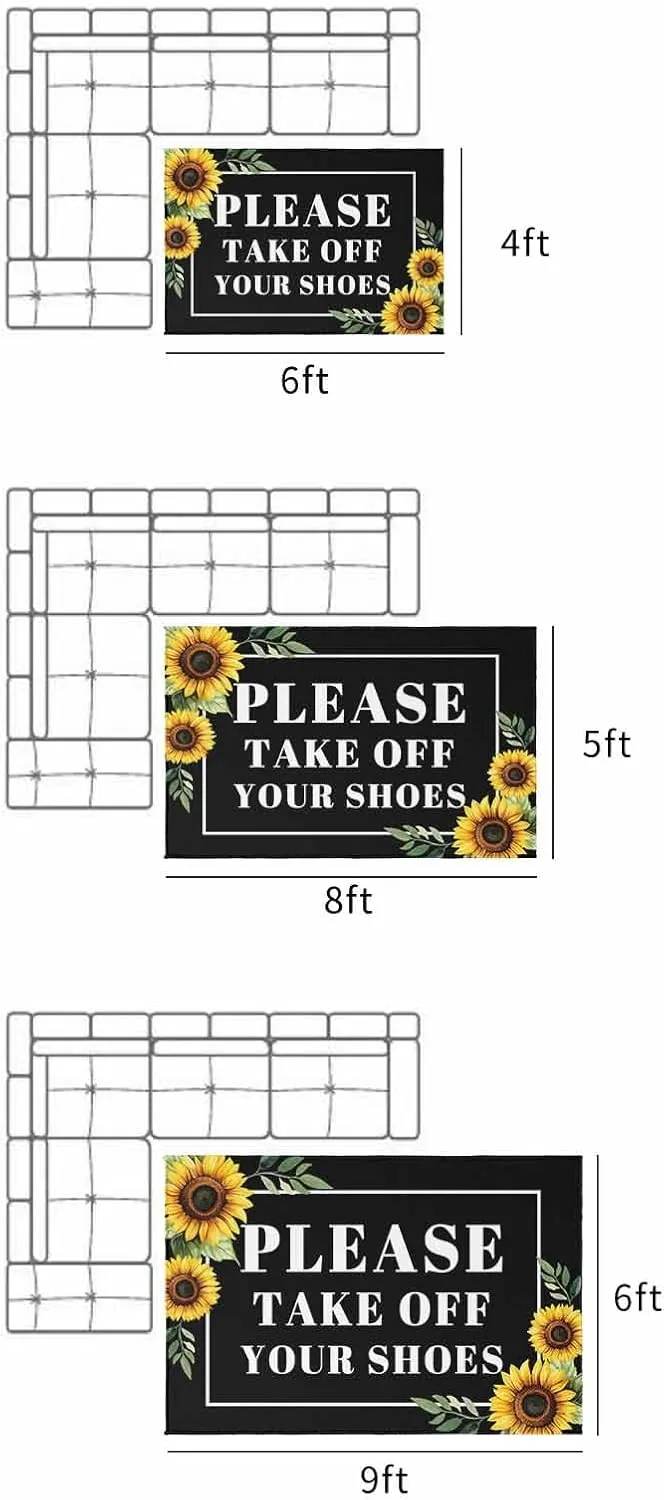Outdoor Rug 6x9ft Please Take Off Your Shoes Patio Area Rugs Waterproof Easy Cleaning Non Shedding Mats Farm Sunflowers on Black Carpet for Indoor Outdoor Porch Deck Backyard Balcony