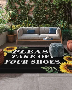 Outdoor Rug 6x9ft Please Take Off Your Shoes Patio Area Rugs Waterproof Easy Cleaning Non Shedding Mats Farm Sunflowers on Black Carpet for Indoor Outdoor Porch Deck Backyard Balcony