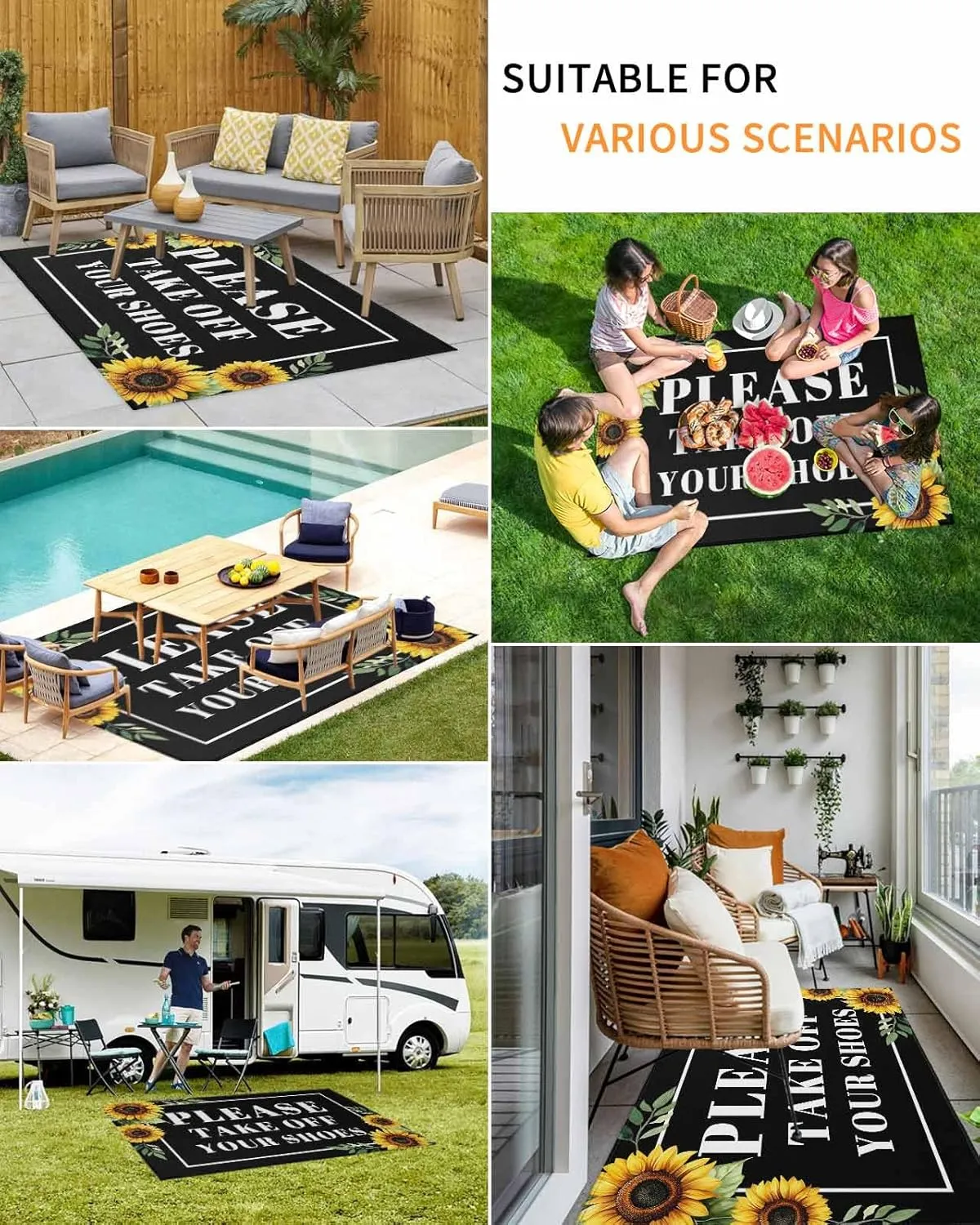 Outdoor Rug 6x9ft Please Take Off Your Shoes Patio Area Rugs Waterproof Easy Cleaning Non Shedding Mats Farm Sunflowers on Black Carpet for Indoor Outdoor Porch Deck Backyard Balcony