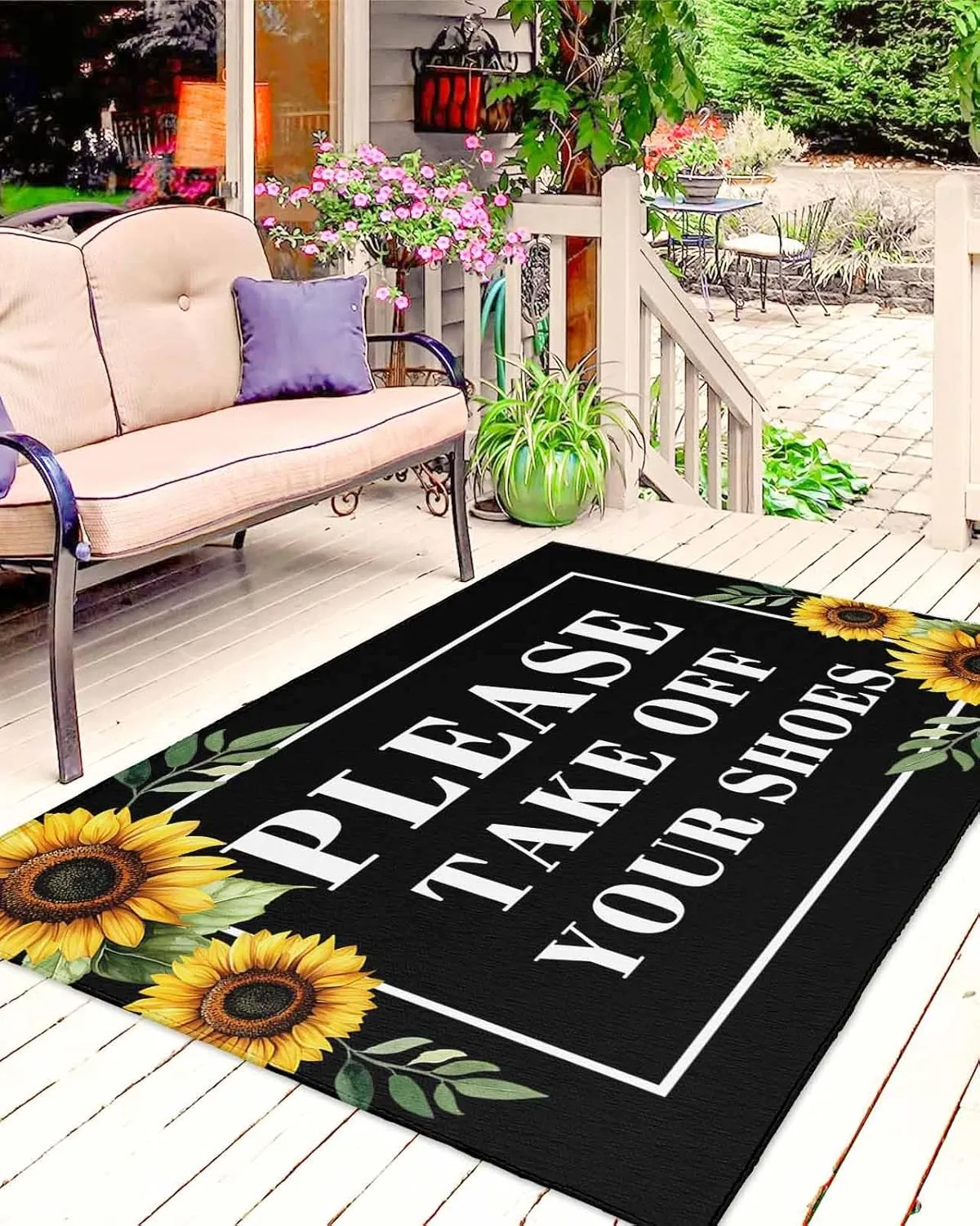 Outdoor Rug 6x9ft Please Take Off Your Shoes Patio Area Rugs Waterproof Easy Cleaning Non Shedding Mats Farm Sunflowers on Black Carpet for Indoor Outdoor Porch Deck Backyard Balcony