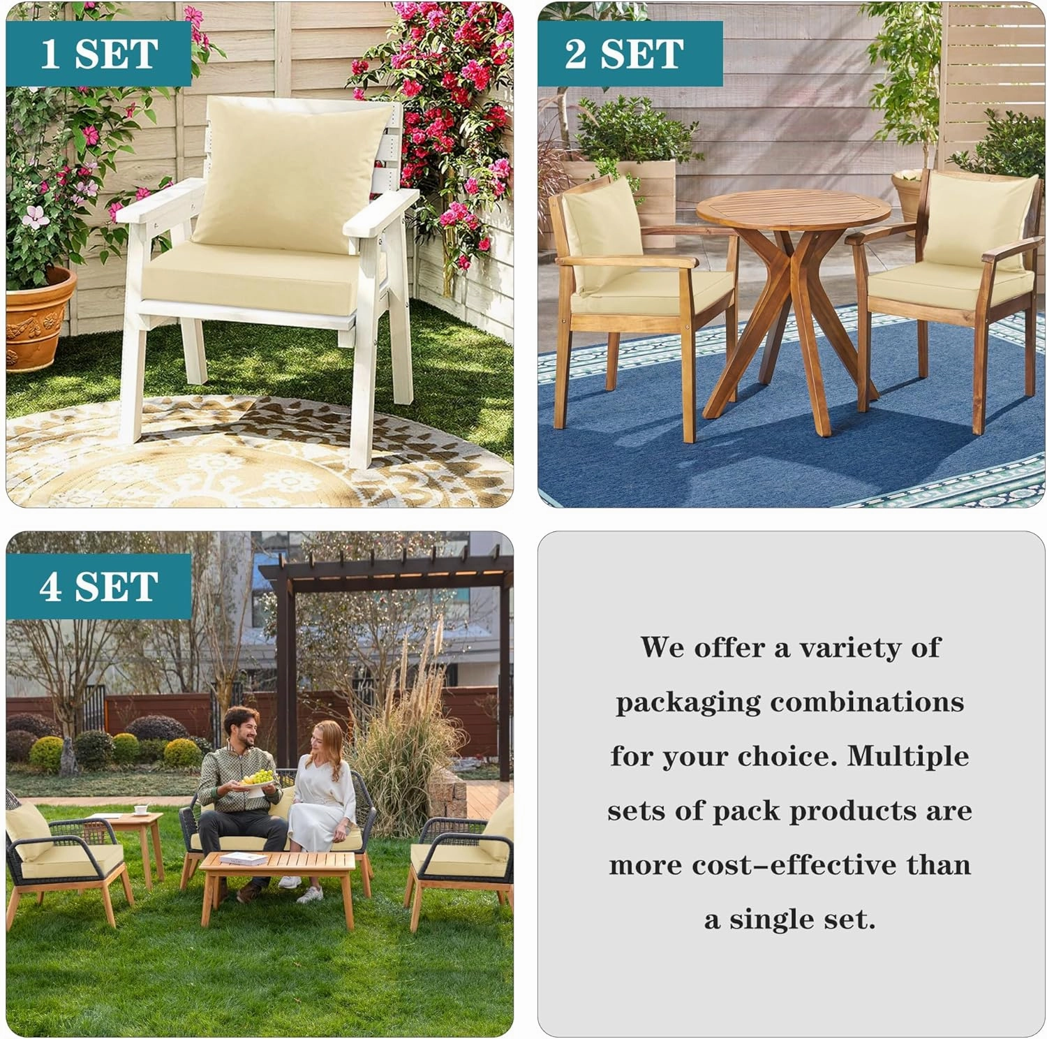 Outdoor Cushions for Patio Furniture, Waterproof Fade and Tear Resistant Deep Seat and Backrest Cushion Set for Chair Couch Swing, 22x22 Inch, Beige, Set of 4