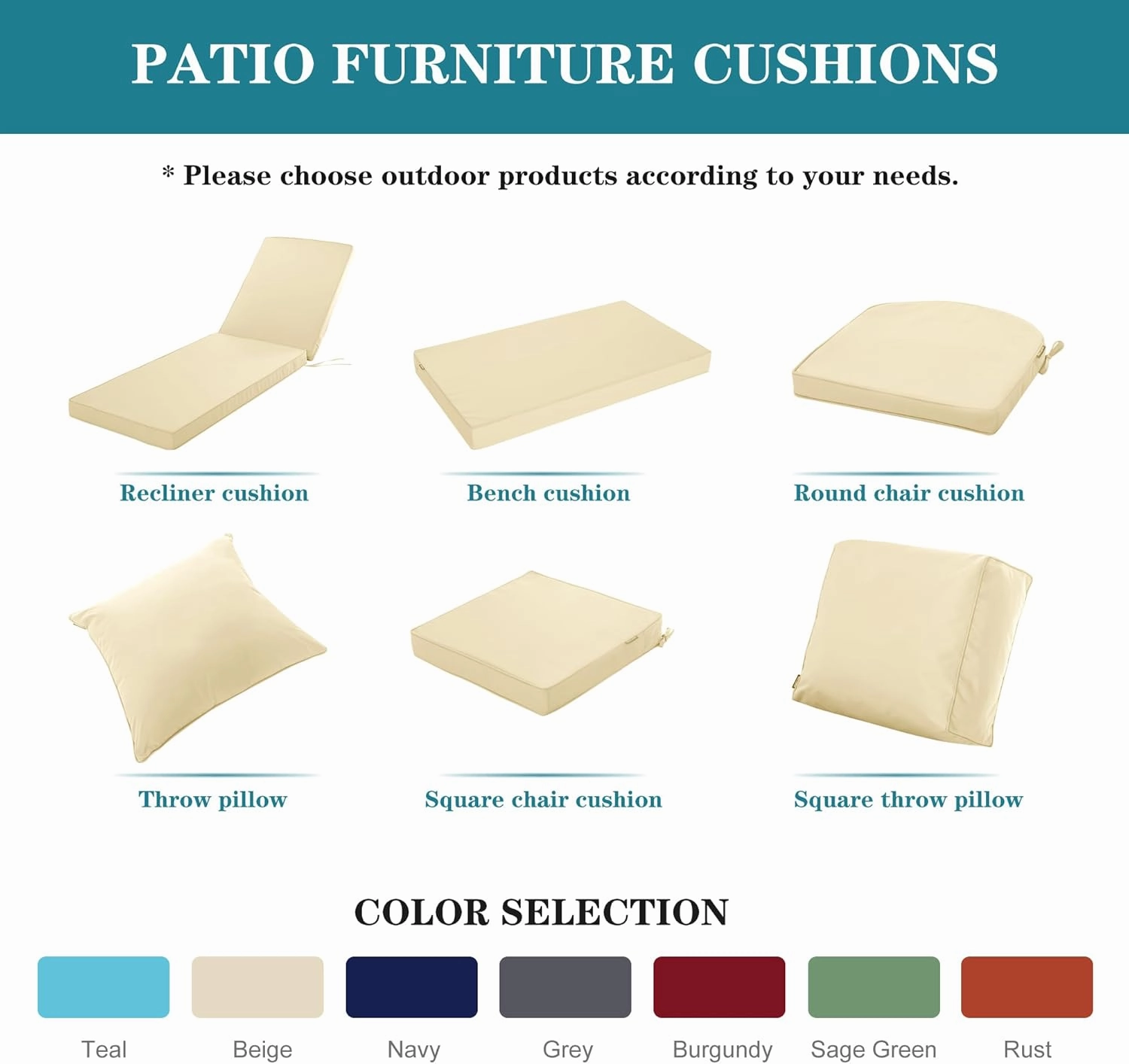 Outdoor Cushions for Patio Furniture, Waterproof Fade and Tear Resistant Deep Seat and Backrest Cushion Set for Chair Couch Swing, 22x22 Inch, Beige, Set of 4