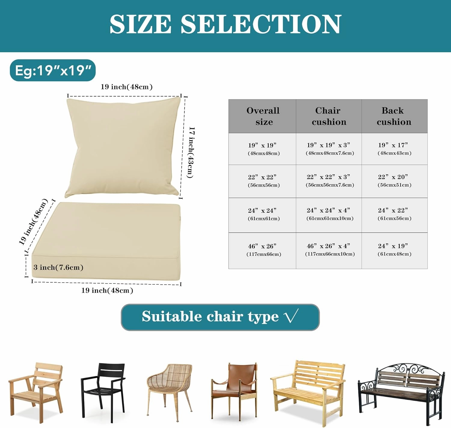 Outdoor Cushions for Patio Furniture, Waterproof Fade and Tear Resistant Deep Seat and Backrest Cushion Set for Chair Couch Swing, 22x22 Inch, Beige, Set of 4