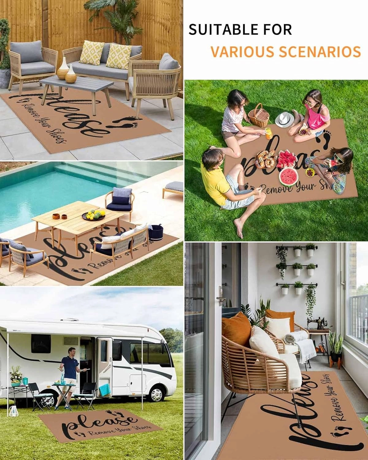 Outdoor Rug 6x9ft Please Remove Your Shoes Patio Area Rugs Waterproof Easy Cleaning Non-Slip Thick Mats Footprints on Brown Background Carpet for Indoor Outdoor Porch Deck Backyard Balcony