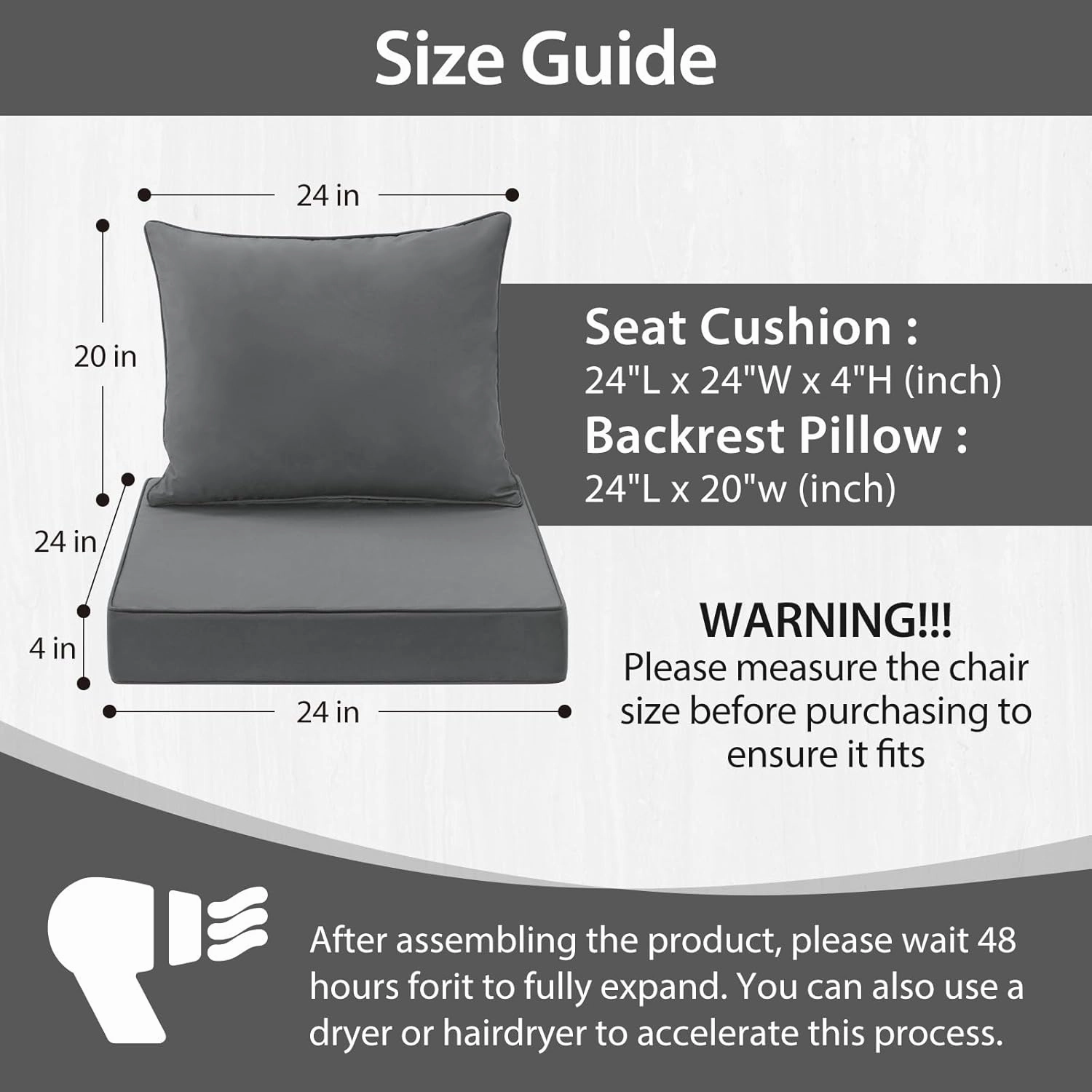Outdoor Seat Cushion Set 24x24 Inch Waterproof & Fade Resistant Cushions for Patio Furniture, Removable Cover Deep Seat & Back Cushion with Handle and Adjustable Straps for Chair Sofa, Grey