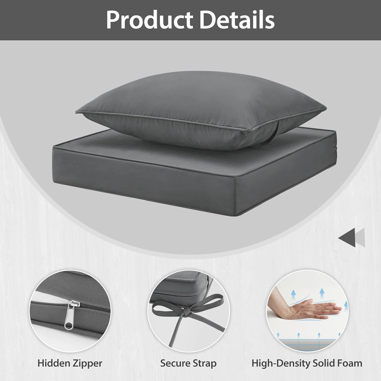 Outdoor Seat Cushion Set 24x24 Inch Waterproof & Fade Resistant Cushions for Patio Furniture, Removable Cover Deep Seat & Back Cushion with Handle and Adjustable Straps for Chair Sofa, Grey
