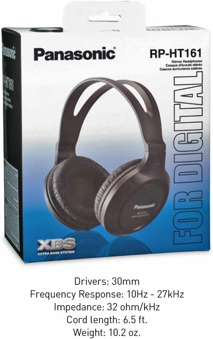 Panasonic Headphones, Lightweight Over the Ear Wired Headphones with Clear Sound and XBS for Extra Bass, Long Cord, 3.5mm Jack for Phones and Laptops – RP-HT161-K (Black)