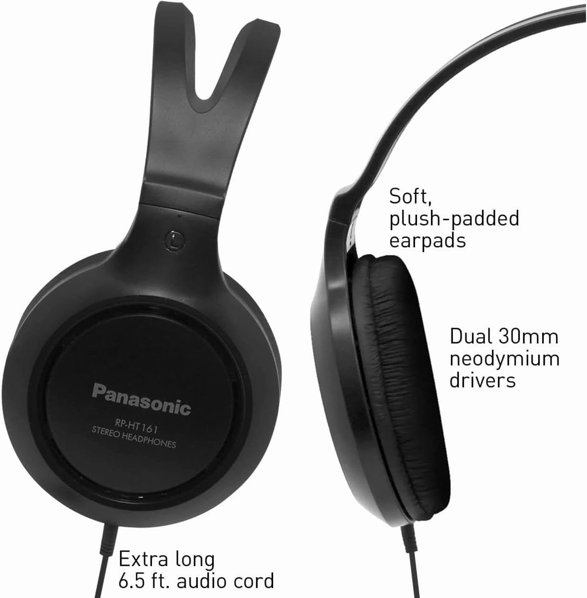 Panasonic Headphones, Lightweight Over the Ear Wired Headphones with Clear Sound and XBS for Extra Bass, Long Cord, 3.5mm Jack for Phones and Laptops – RP-HT161-K (Black)
