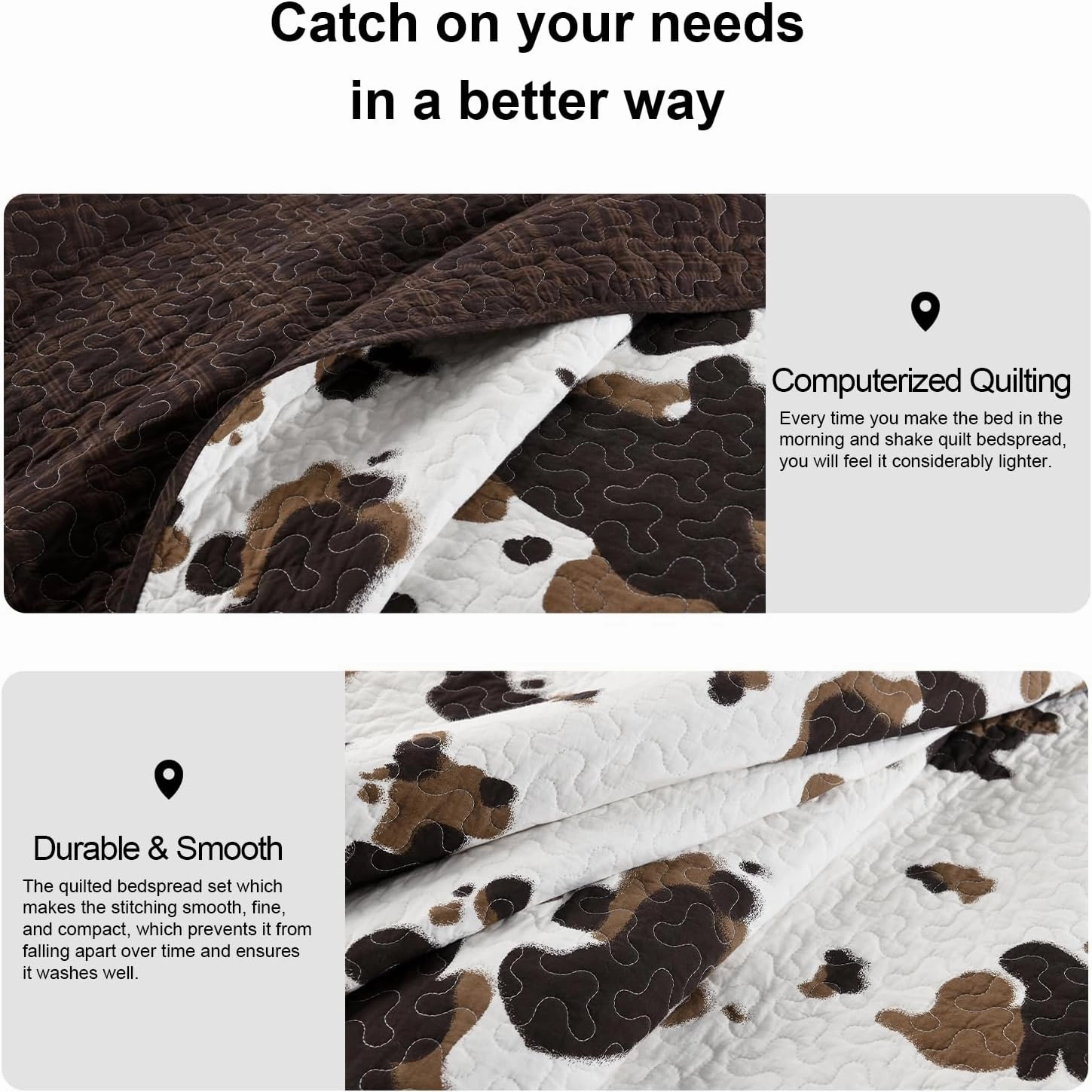 PANGUSHAN 100% Cotton Quilt King Size, Cow Print King Bedspread, King Size Lightweight Comforter, Reversible Western Bedding Set, Rustic Farmhouse Quilt with Pillow Shams, 3 Piece, Brown
