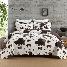 PANGUSHAN 100% Cotton Quilt King Size, Cow Print King Bedspread, King Size Lightweight Comforter, Reversible Western Bedding Set, Rustic Farmhouse Quilt with Pillow Shams, 3 Piece, Brown