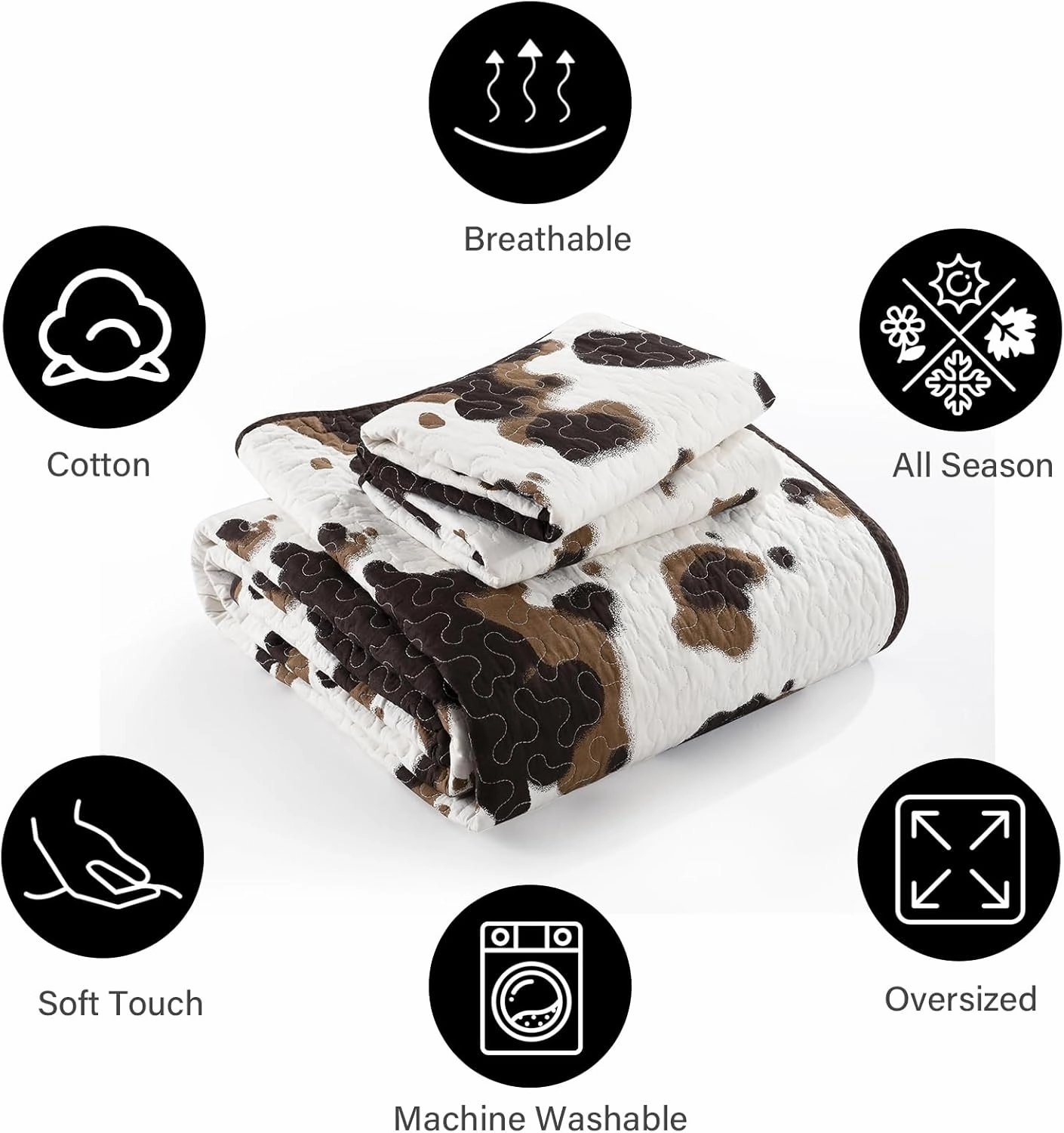 PANGUSHAN 100% Cotton Quilt King Size, Cow Print King Bedspread, King Size Lightweight Comforter, Reversible Western Bedding Set, Rustic Farmhouse Quilt with Pillow Shams, 3 Piece, Brown